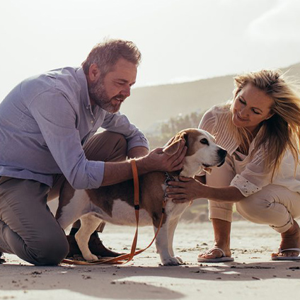 A man and a woman crouching beside their dog on the beach, petting him and holding him by the leash.