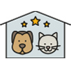 pictogram of an expert appetence measurement center with the pictogram of a house, with the pictograms of a dog's head and a cat's head inside, and 5 stars above.